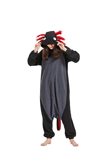 SimZoo Tier-Einteiler-Pyjama für Erwachsene, Herren- und Damenkostüm, Schwarz Rot Axolotl-Nachtwäsche, Einteilige Unisex-Hauskleidung von SimZoo