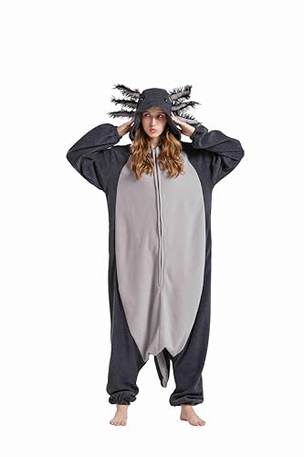 SimZoo Tier-Einteiler-Pyjama für Erwachsene, Herren- und Damenkostüm, Schwarzgrau Axolotl-Nachtwäsche, Einteilige Unisex-Hauskleidung von SimZoo