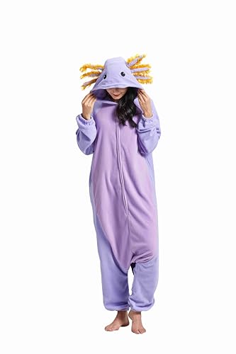 SimZoo Tier-Einteiler-Pyjama für Erwachsene, Herren- und Damenkostüm, lila Axolotl-Nachtwäsche, Einteilige Unisex-Hauskleidung von SimZoo