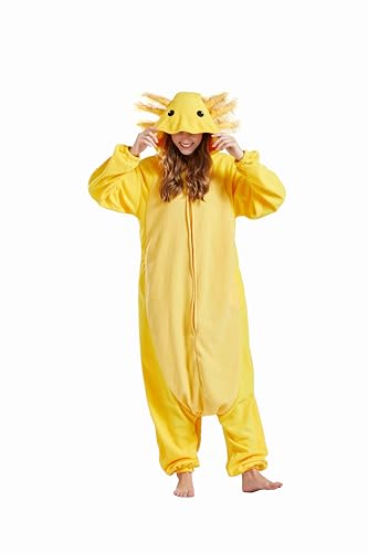 SimZoo Tier-Einteiler-Pyjama für Erwachsene, gelbe Axolotl-Kostüm-Nachtwäsche für Herren und Damen, Einteilige Unisex-Hauskleidung von SimZoo