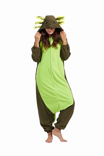 SimZoo Tier-Einteiler-Pyjama für Erwachsene, grüne Axolotl-Kostüm-Nachtwäsche für Herren und Damen, Einteilige Unisex-Hauskleidung von SimZoo