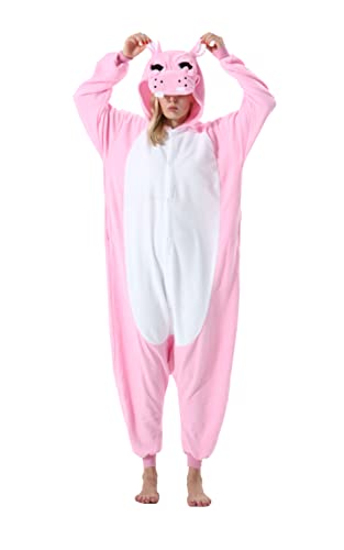 SimZoo Tier-Einteiler-Pyjama für Erwachsene,Rosa Nilpferd Herren-und Damen-Tier-Cosplay-KostüM-NachtwäSche, Einteilige Unisex-Hauskleidung von SimZoo