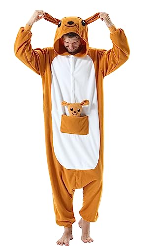 SimZoo Unisex Pyjamas Onesies Tiere Kostüm Cosplay Erwachsene Karneval Nachtwäsche Halloween Schlafanzug Fasching Einteiler,Känguru von SimZoo