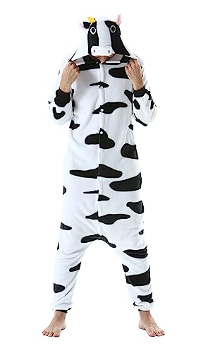 SimZoo Unisex Pyjamas Onesies Tiere Kostüm Cosplay Erwachsene Karneval Nachtwäsche Halloween Schlafanzug Fasching Einteiler,Milchkuh von SimZoo