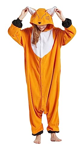 SimZoo Unisex Pyjamas Onesies Tiere Kostüm Cosplay Erwachsene Karneval Nachtwäsche Halloween Schlafanzug Fasching Einteiler,Orangefarbener Fuchs von SimZoo