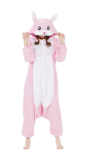 SimZoo Unisex Pyjamas Onesies Tiere Kostüm Cosplay Erwachsene Karneval Nachtwäsche Halloween Schlafanzug Fasching Einteiler,Rosa Kaninchen von SimZoo