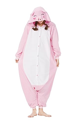 SimZoo Unisex Pyjamas Onesies Tiere Kostüm Cosplay Erwachsene Karneval Nachtwäsche Halloween Schlafanzug Fasching Einteiler,Rosa Schwein von SimZoo