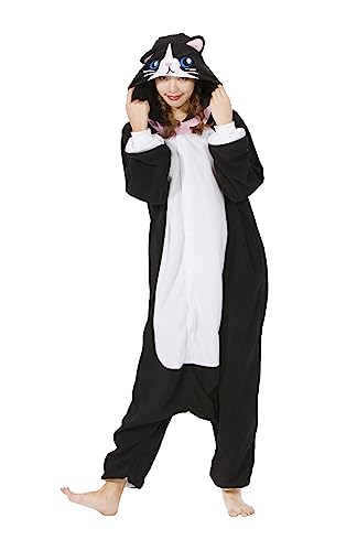 SimZoo Unisex Pyjamas Onesies Tiere Kostüm Cosplay Erwachsene Karneval Nachtwäsche Halloween Schlafanzug Fasching Einteiler,Schwarze Katze von SimZoo
