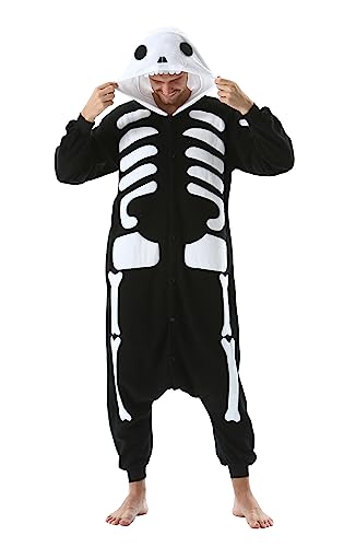 SimZoo Unisex Pyjamas Onesies Tiere Kostüm Cosplay Erwachsene Karneval Nachtwäsche Halloween Schlafanzug Fasching Einteiler,Skelett von SimZoo