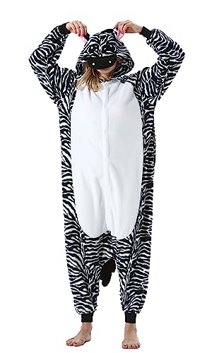 SimZoo Unisex Pyjamas Onesies Tiere Kostüm Cosplay Erwachsene Karneval Nachtwäsche Halloween Schlafanzug Fasching Einteiler,Zebra von SimZoo