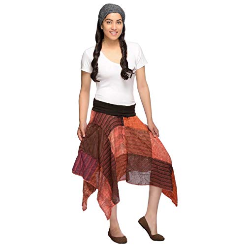 Simandra Damen Patchwork Zipfel Rock Knielanger Sommer Elfenrock Hippie Goa Lässig Midi Rosa L/XL von Simandra