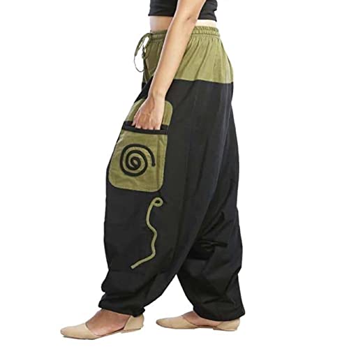 Simandra Haremshose I Schwarz-Grün (L-XL) I Fair gehandelte Unisex Aladinhose mit Stickereien I Bequeme und vielseitig einsetzbare Pumphose I Baggy Hose I Handgemacht in Nepal von Simandra