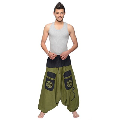 Simandra Haremshose Pumphose Aladinhose Pluderhose Yoga Goa Sarouel Baggy Aladin Freizeithose Herren (Grün-schwarz, L/XL) von Simandra