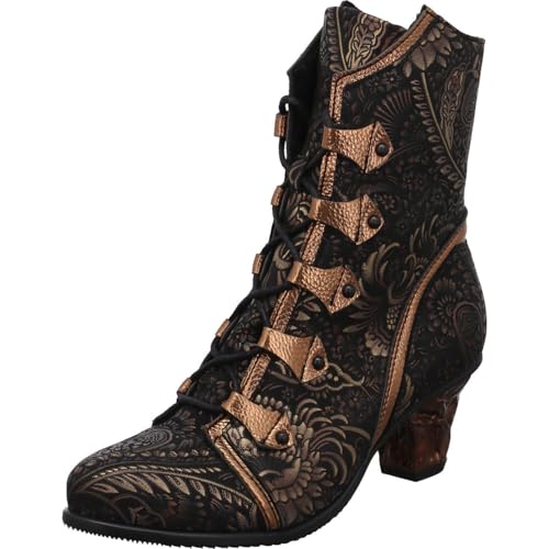 Simen Damen Schnürstiefelette aus weichem Nubukleder in Schwarz und Bronze mit floralem Muster. schwarz/Bronze Gr. 39 von Simen