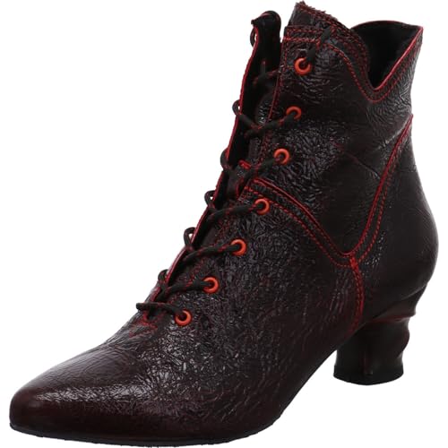 Simen Damen Schnürstiefelette in Schwarz aus Echtleder mit Lack, Knitteroptik und Akzente in Rot. schwarz/rot Gr. 37 von Simen