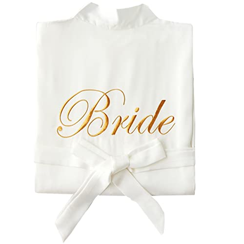 SimidunEUR Damen Morgenmantel Braut Bademantel Hochzeit Satin Kimono Robe Kurz Nachthemd mit Stickerei für Braut Brautjungfern Hochzeit Party,Bride Weiß,S von SimidunEUR