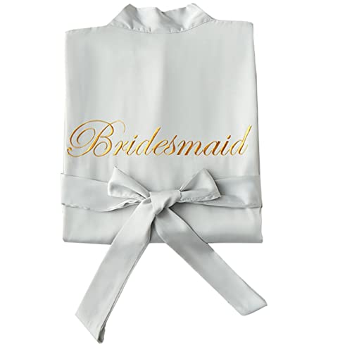 SimidunEUR Damen Morgenmantel Braut Bademantel Hochzeit Satin Kimono Robe Kurz Nachthemd mit Stickerei für Braut Brautjungfern Hochzeit Party,Bridesmaid Grau,S von SimidunEUR