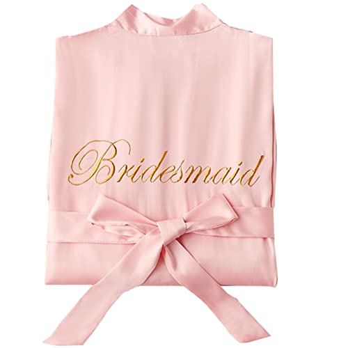 SimidunEUR Damen Morgenmantel Braut Bademantel Hochzeit Satin Kimono Robe Kurz Nachthemd mit Stickerei für Braut Brautjungfern Hochzeit Party,Bridesmaid Rosa 2,M von SimidunEUR