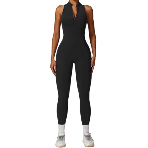 SimidunEUR Sport Jumpsuit Damen Lang Eng Yoga Overall Scrunch Butt Ärmellos Bodysuit Einteiler Strampler Bodycon Reißverschluss Vorne für Gym Fitness Jogging,Schwarz,L von SimidunEUR