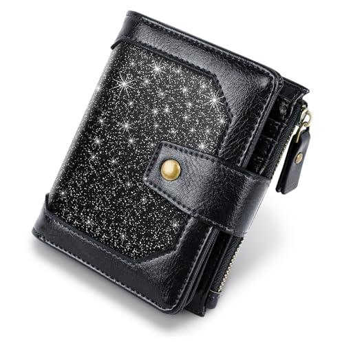 Simikol Kleine Damen-Geldbörse, faltbar, RFID-blockierend, Kreditkartenetui mit Reißverschlussfach, Schwarz Glitter von Simikol