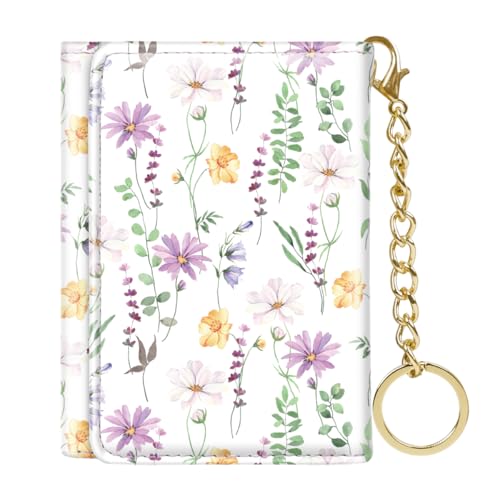Simikol Trifold Damen-Geldbörse, klein, schmal, RFID-blockierend, Kartenetui, niedlicher Kreditkartenhalter, Leder, Mini-Geldbörse mit langem Geldfach und Schlüsselanhänger, Weißer Gänseblümchen, von Simikol
