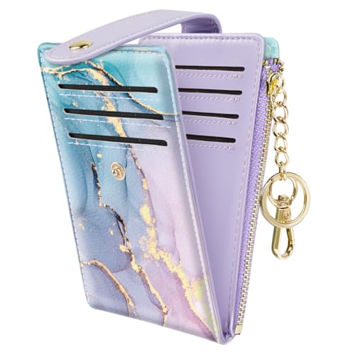Simikol Schlankes Kartenetui für Damen, RFID-blockierend, Leder, mehrere Karten, Bifold Wallet mit Quaste, Reißverschluss, Münzfach, Farbverlauf, Marmor, with Keychain von Simikol