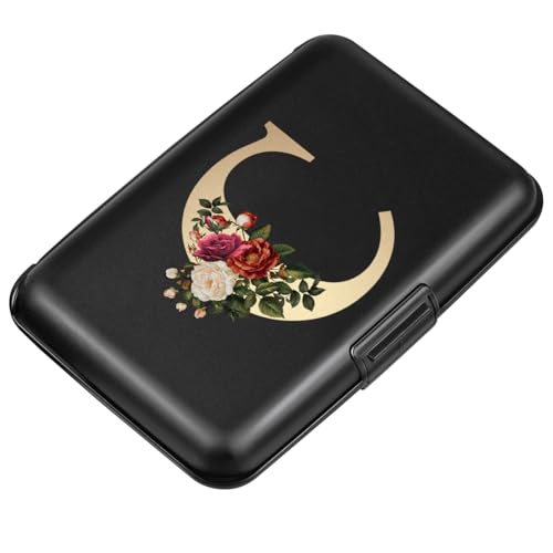 Simikol Hard Shell Kartenhalter Initail Brief Rose Blume Kreditkartenetui RFID Blocking Mini Wallet für Frauen und Mädchen, Buchstabe C, C von Simikol