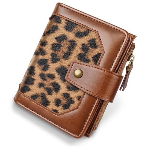 Simikol Kleine Damen-Geldbörse, faltbar, RFID-blockierend, Kreditkartenetui mit Reißverschlussfach, Leopard von Simikol