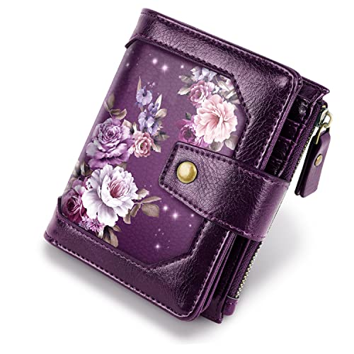 Simikol Kleine Damen-Geldbörse, faltbare Geldbörse, RFID-blockierend, Kreditkartenhalter, Geldbörse mit Reißverschlussfach, Violette Blume, Vintage von Simikol