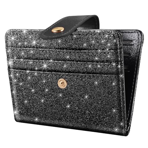 Simikol Kleine Geldbörsen für Damen, schmal, minimalistisch, für zweifacher Kreditkartenhalter für Tasche oder Geldbörse, Schwarz glitzernd, Minimalistisch von Simikol