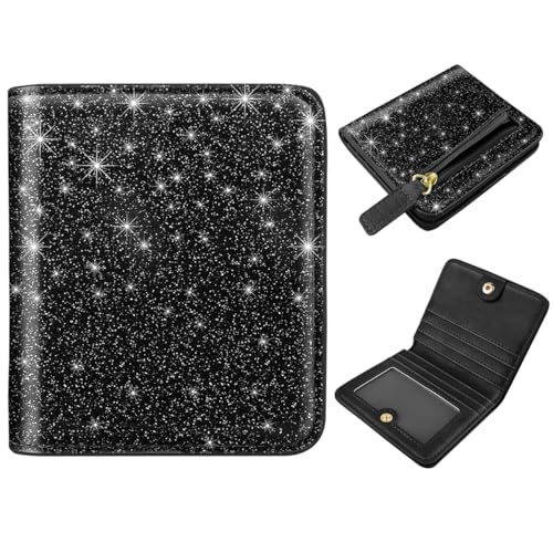 Simikol Kleine RFID-blockierende Geldbörse für Damen, kompakte Falttasche, niedlicher Kreditkartenhalter, Leder-Münzschlitz, Mini-Geldbörse mit Ausweisfenster, Schwarz glitzernd, Minimalistisch von Simikol