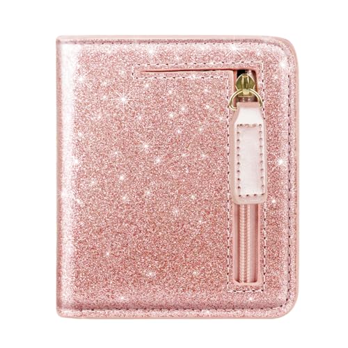 Simikol Kleine RFID-blockierende Geldbörse für Damen, kompakte Falttasche, niedlicher Kreditkartenhalter, Leder-Münzschlitz, Mini-Geldbörse mit Ausweisfenster, Glitzer Roségold, Minimalistisch von Simikol