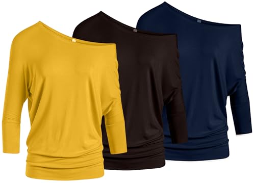 Dolman Tops für Damen, schulterfrei, mit gebändertem Bund, 3/4-Ärmel, normale und Übergröße, Senf, Braun, Marineblau, Klein von Simlu