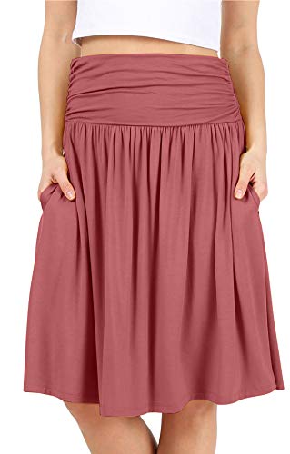 Simlu Damenrock in regulärer Größe und Übergröße, mit Taschen unterhalb des Knies, gerüschter fließender Rock, Midi-Rock für Frauen - Braun - Klein von Simlu