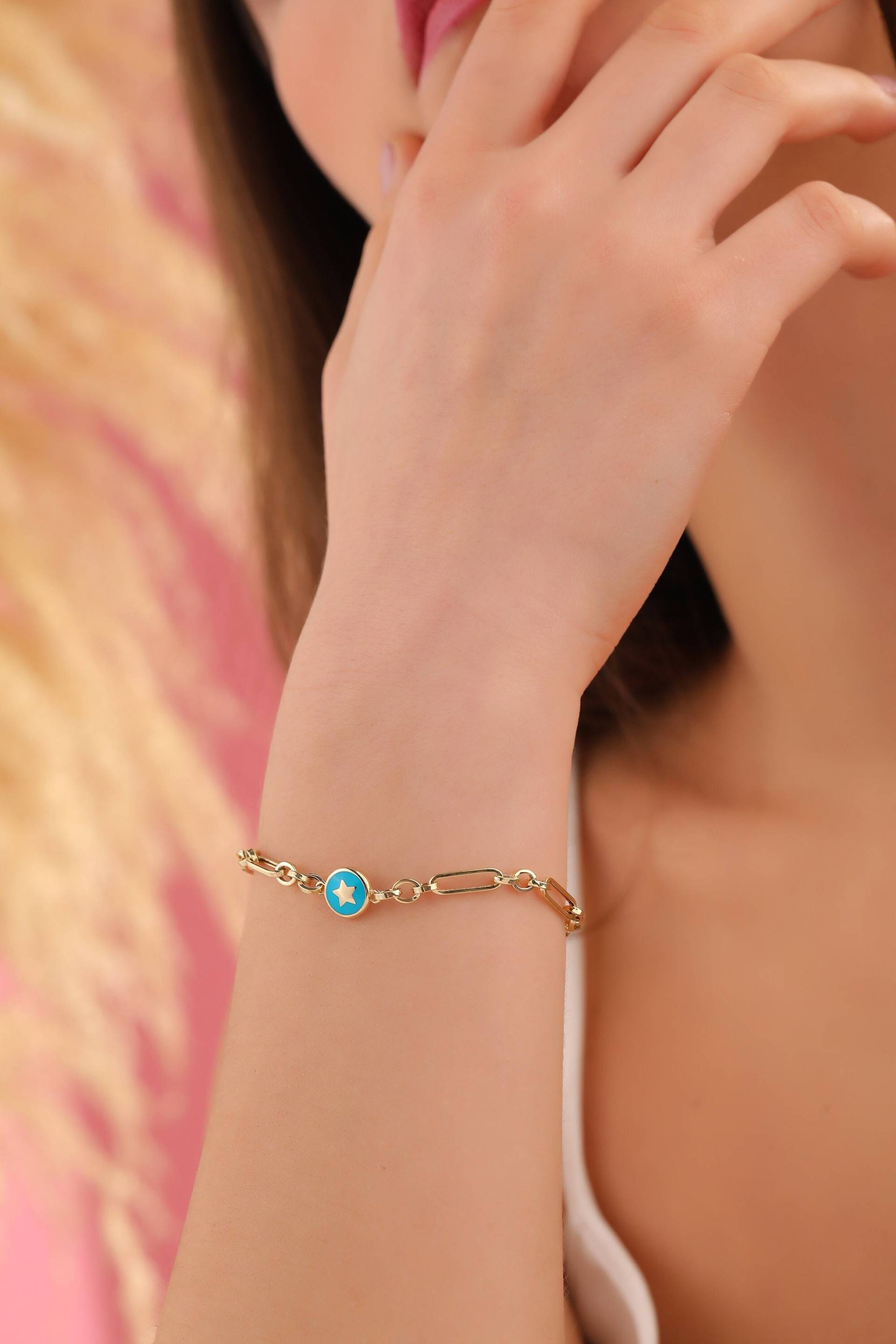 Solides Gold Armband Mit Blauem Stern, 14K Stern Schmuck, Zierliches Für Mädchen, Frauen Glänzende Kette Benutzerdefinierte Sie von SimmoonJewelry