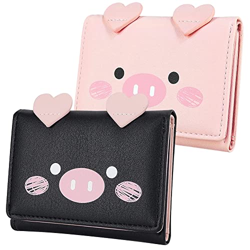 Kleine Geldbörse Damen, 2 Stücke Süß Klein Geldbeutel Cartoon Portemonnaie mit Schweinen Muster Dreifach Gefaltet Leder Kleine Brieftasche Karten Halter für Mädchen und Damen, (Rosa, Schwarz) von Simmpu