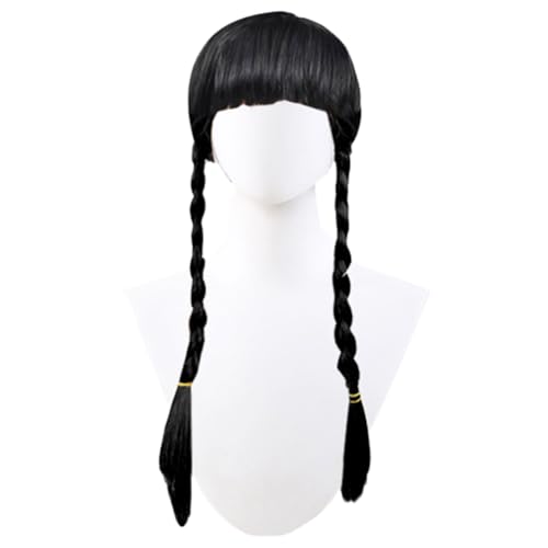 Simmpu Perücke with Black Bangs,Perücke,Lange Schwarze Geflochtene Perücken,Schwarze Zopfperücke Kinder mit Pony Zopf Perücken für Mädchen Cosplay Party Dekorationen von Simmpu