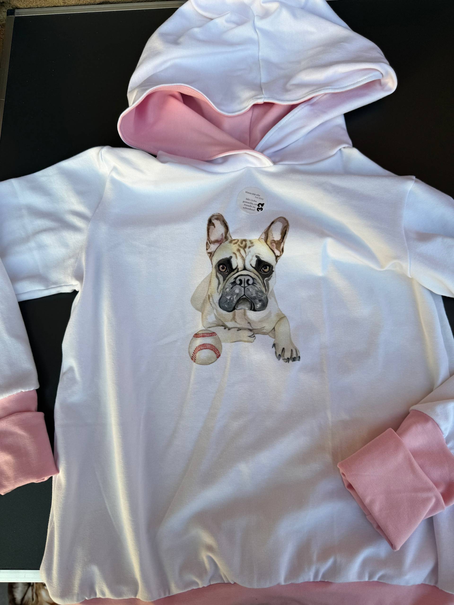 Hoodie Gr. 122/128 Bulldogge Rosa Pullover Mit Kapuze Baumwolljersey Unikat Hund von SimoNAeht
