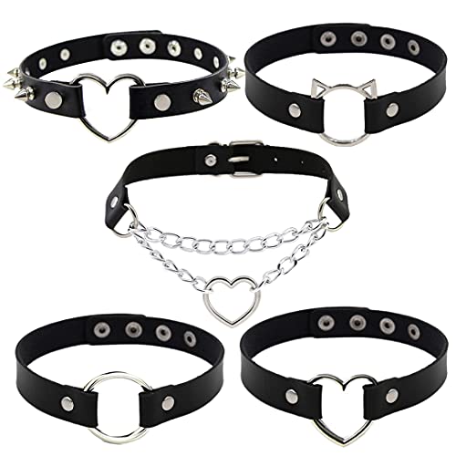 Damen Choker PU Leder Gotik Punk Rock Choker Halsketten Schwarz Einstellbar Kragen Halsband mit Liebe Herz Spike Nieten Kreis (Style E) von Simoda