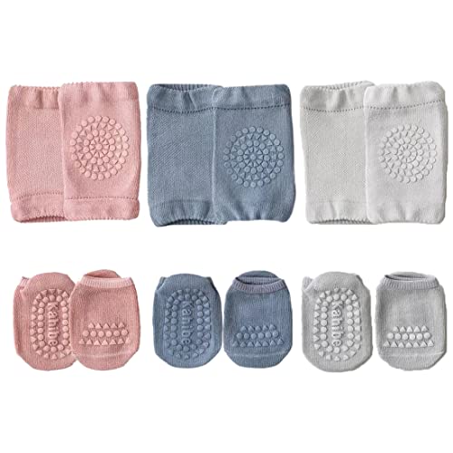 Simoda Baby Krabbeln 3 Paar Baby Knieschoner und 3 Paar Baby Socken,Anti Rutsch Krabbelhilfe mit Gummipunkte Krabbelschoner Stulpen Knieschützer für Kleinkinder 1-3 Jahren von Simoda