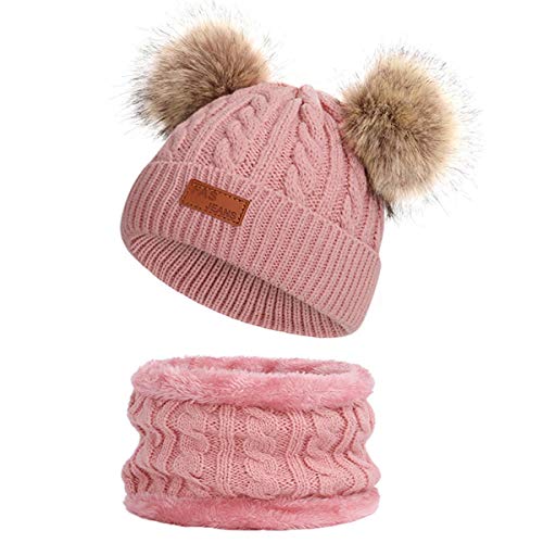 Simoda Children's Winter Hat Scarf Set Knitted Warm Skiing Beanie Cap with Lovely Pompom (Dunkelpink) von Simoda