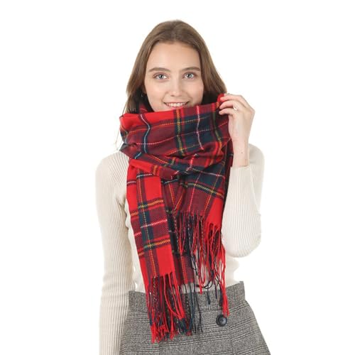 Simoda Damen Schal Kariert übergroßer Deckenschal Winter Karo Tartan Stola Mit Quasten Streifen Plaid Schal Fransen Poncho (Rot-grün) von Simoda