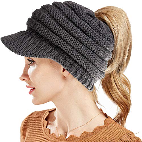 Simoda Damen Wintermütze Beanie Mütze Winter Strickmütze Schirmmütze Hüte Mützen Caps Gestrickte Baseballmütze Pferdeschwanz Mütze mit Zöpfen Loch (Dark Gray) von Simoda