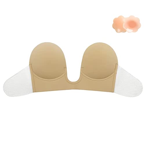 Simoda Klebe BH Trägerloser Unsichtbar BH mit 2 Nippelpads,Rückenfrei Push Up U Plunge BH für Frauen V-Ausschnitt,Rückenfreies Kleid,Beige,A von Simoda