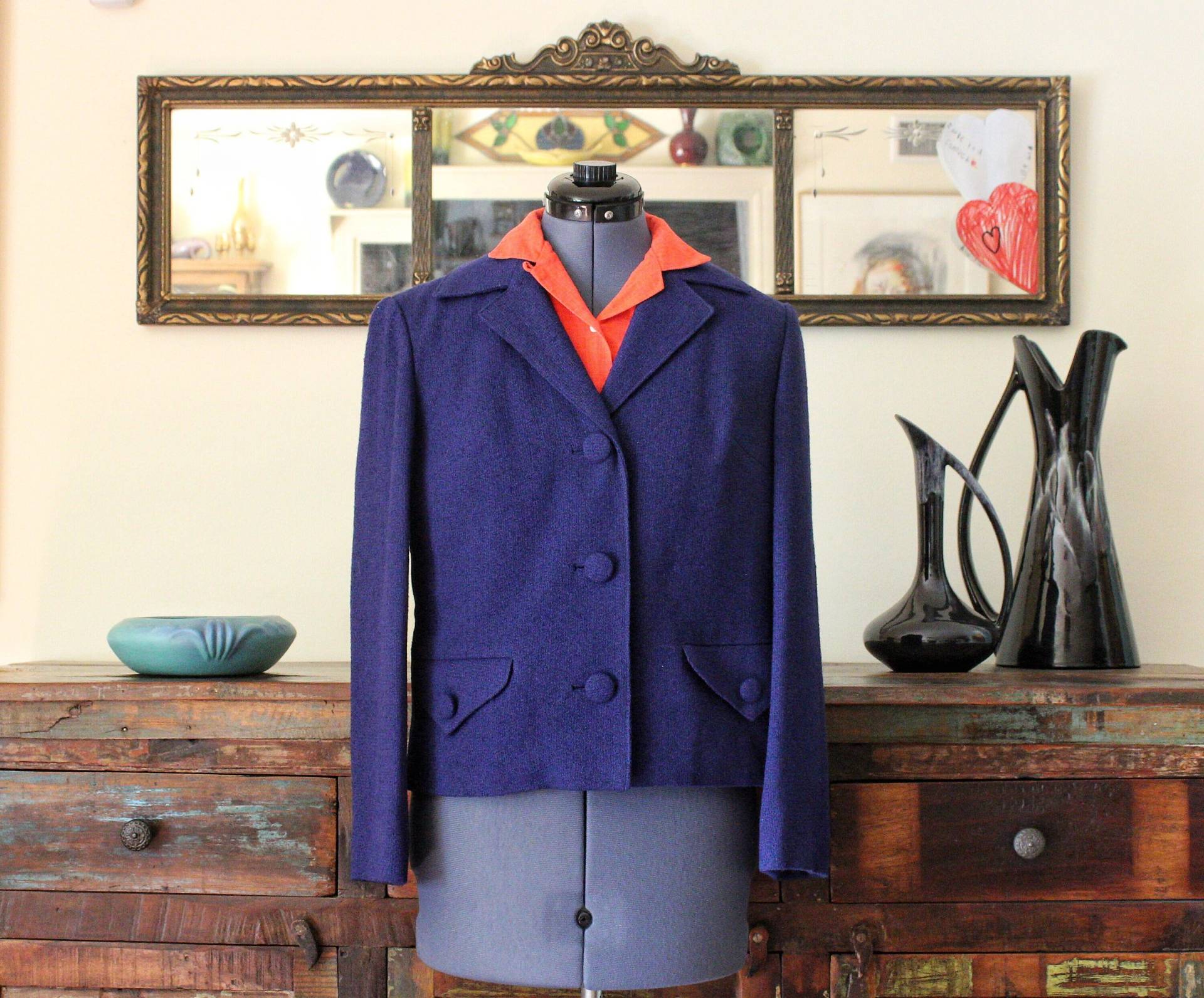 1960Er Jahre Blaue Wolle Vintage Damenjacke Exklusiv Hergestellt Von Vashi's Tailor Hong Kong, Pristine, Größe 4-5 von SimoneGramsVintage