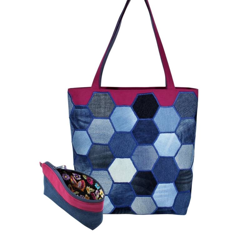Taschen-Set Aus Einzigartiger Jeans-Shopper Im Upcycling Tolles Hexagon-Patchwork von Simonenaeht