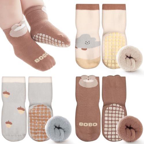 Simpeak 3 Paar Socken Baby, ABS Socken Baby Anti Rutsch, Rutschfeste Babysocken Junge Mädchen, Stoppersocken Baby, 12-36 Monate, M, Color Set 4 von Simpeak