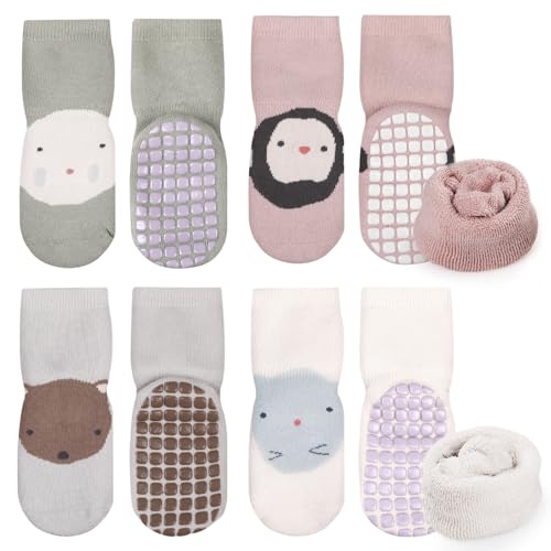 Simpeak 4 Paar Socken Baby, ABS Socken Baby Anti Rutsch, Rutschfeste Babysocken Junge Mädchen, Stoppersocken Baby, Graugrün, Hellgrau, Beige, Weiß, Rosa, 36-60 Monate von Simpeak