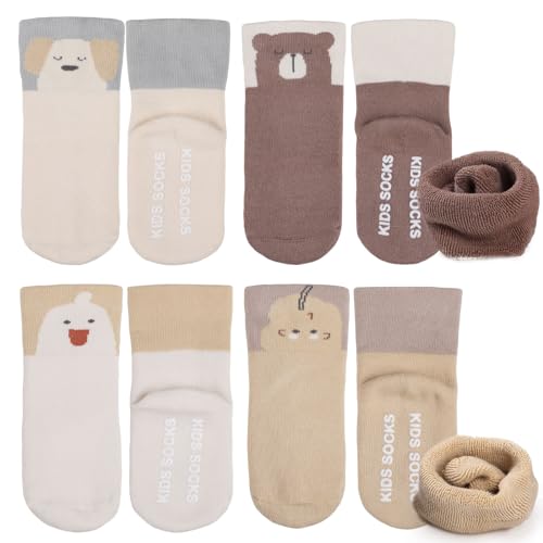 Simpeak 4 Paar Socken Baby, ABS Socken Baby Anti Rutsch, Rutschfeste Babysocken Junge Mädchen, Stoppersocken Baby, Kleiner Bär/Welpe/Durian/Weiße Ente Muster, 12-36 Monate von Simpeak