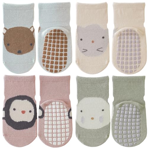 Simpeak Socken Baby, ABS Socken Baby Anti Rutsch, Rutschfeste Babysocken Junge Mädchen, Stoppersocken Baby 0-1 Jahre alt, Dünner Frühling und Herbst, M, Set 4 von Simpeak